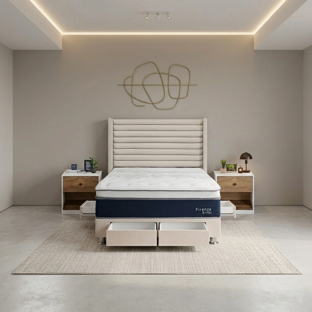 DORMITORIO RIZZOLI FIRENZE 2 PLAZAS CON CAJONES BEIGE + VELADOR MUNDIAL - 1