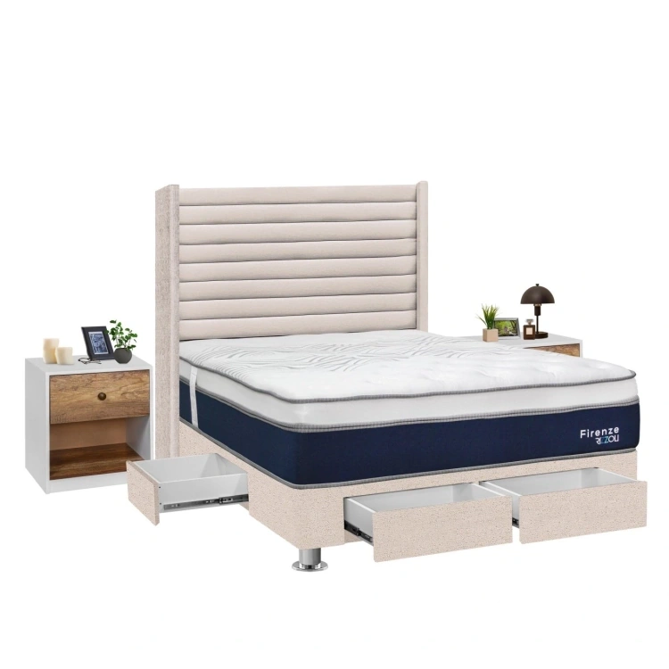 DORMITORIO RIZZOLI FIRENZE 2 PLAZAS CON CAJONES BEIGE + VELADOR MUNDIAL - 2