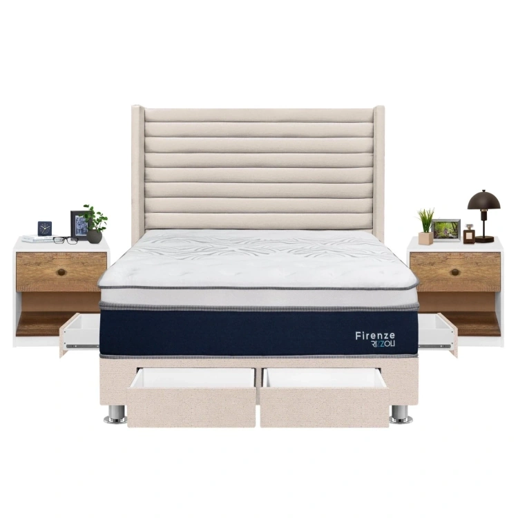 DORMITORIO RIZZOLI FIRENZE 2 PLAZAS CON CAJONES BEIGE + VELADOR MUNDIAL - 3