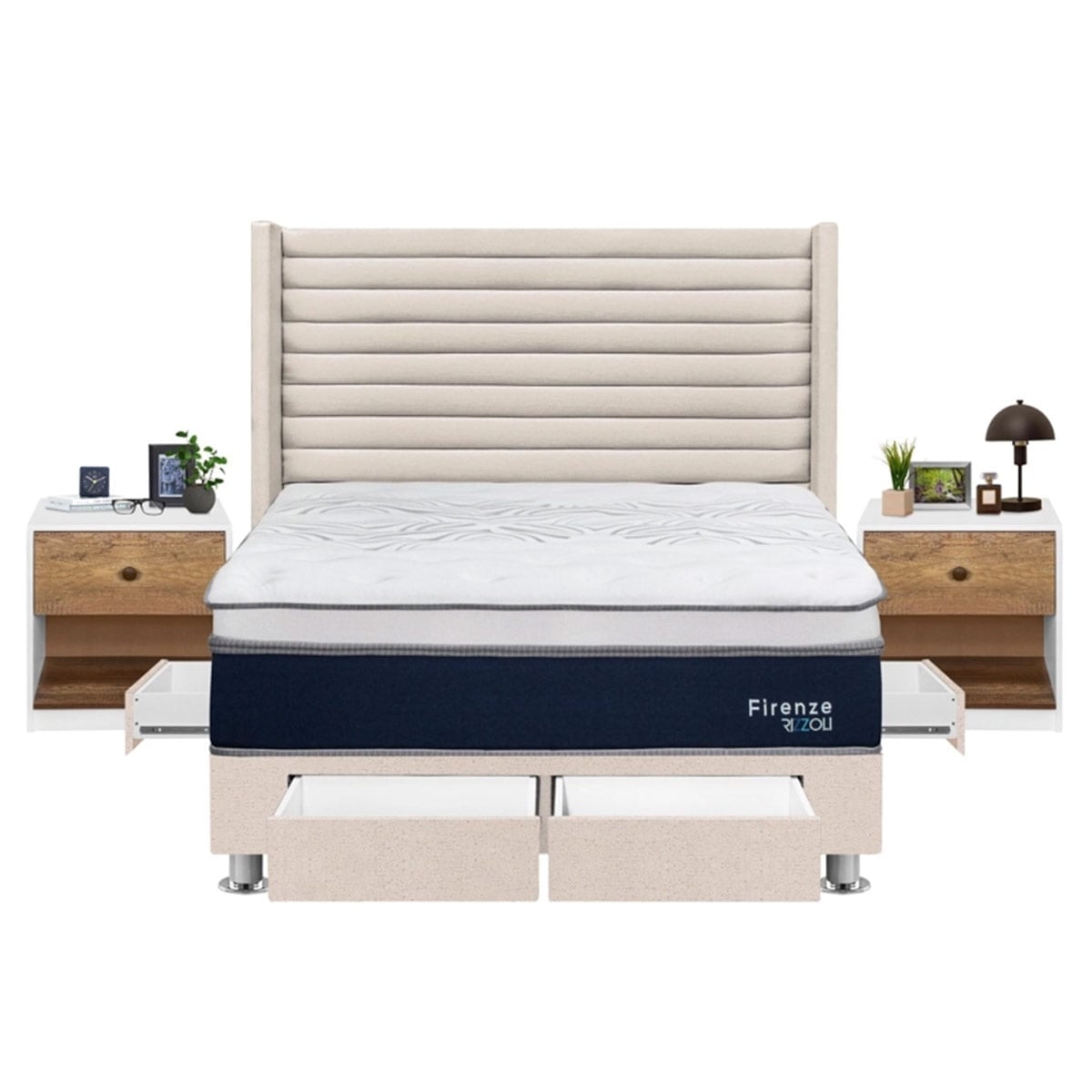 DORMITORIO RIZZOLI FIRENZE QUEEN CON CAJONES BEIGE + VELADOR MUNDIAL - 1