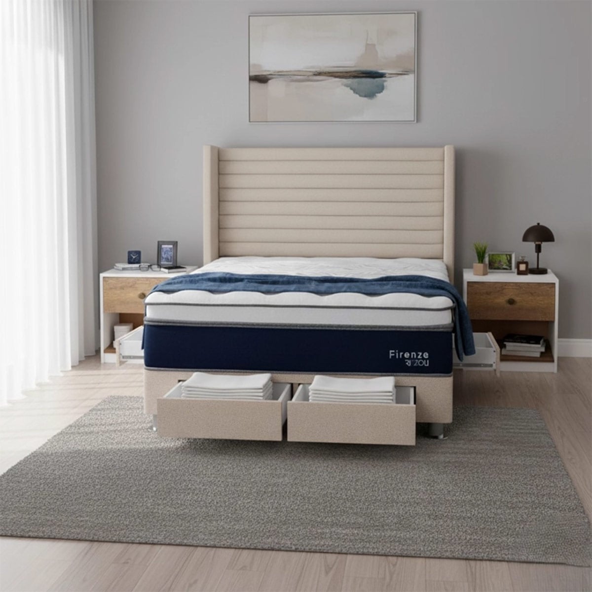 DORMITORIO RIZZOLI FIRENZE QUEEN CON CAJONES BEIGE + VELADOR MUNDIAL - 3