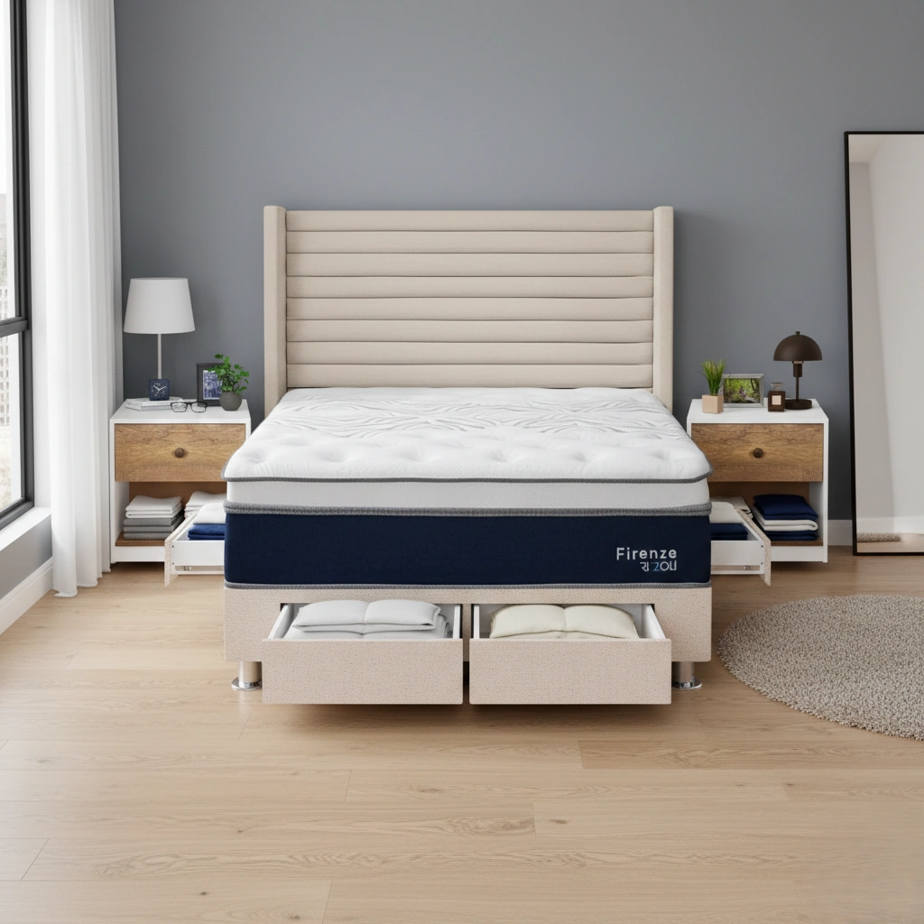 DORMITORIO RIZZOLI FIRENZE KING CON CAJONES BEIGE + VELADOR MUNDIAL - 1