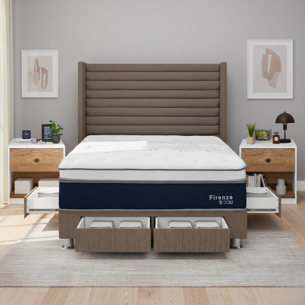 DORMITORIO RIZZOLI FIRENZE 2 PLAZAS CON CAJONES MARRON + VELADOR MUNDIAL - 1