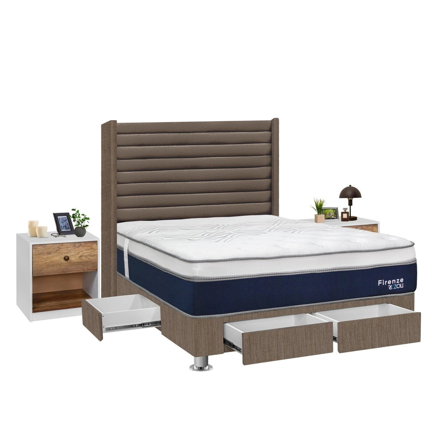 DORMITORIO RIZZOLI FIRENZE 2 PLAZAS CON CAJONES MARRON + VELADOR MUNDIAL - 2