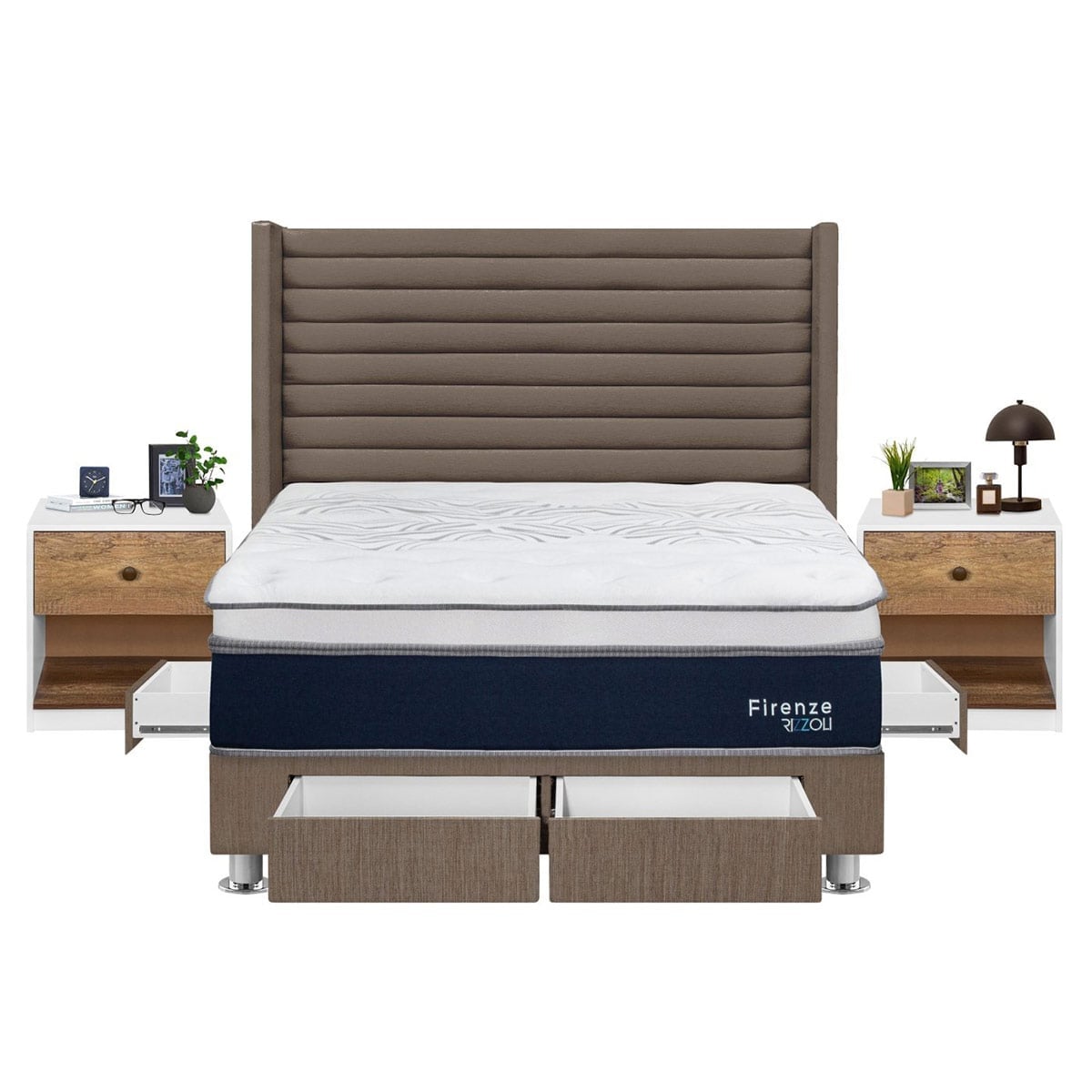 DORMITORIO RIZZOLI FIRENZE QUEEN CON CAJONES MARRON + VELADOR MUNDIAL - 1