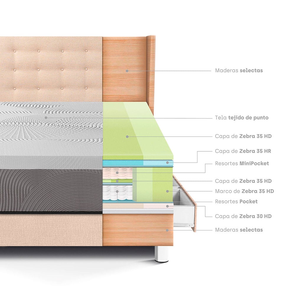 DORMITORIO CON CAJONES PARAÍSO ROYAL BALANZZE 1.5 PLAZAS + CABECERA GOLD CHAMPAGNE + 1 ALMOHADA VISCOELÁSTICA - 4