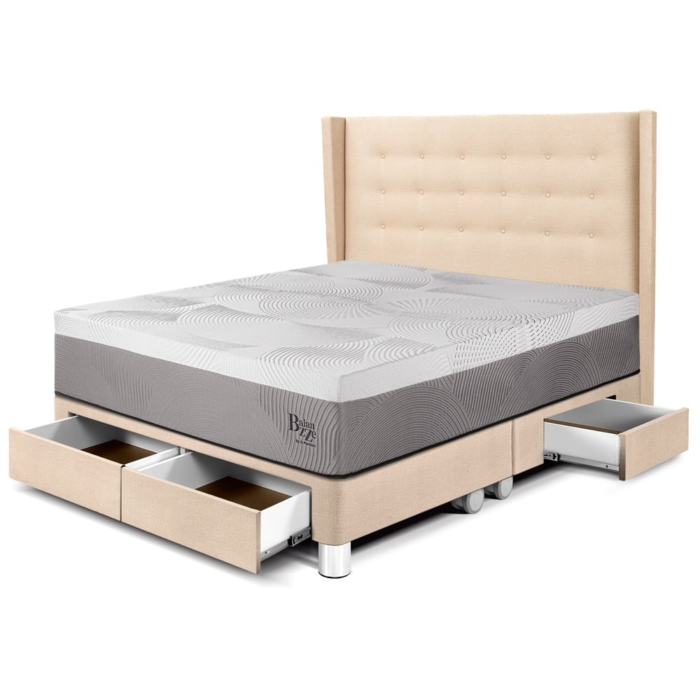 DORMITORIO CON CAJONES PARAÍSO ROYAL BALANZZE QUEEN + CABECERA GOLD CHAMPAGNE + 2 ALMOHADAS VISCOELÁSTICAS - 1