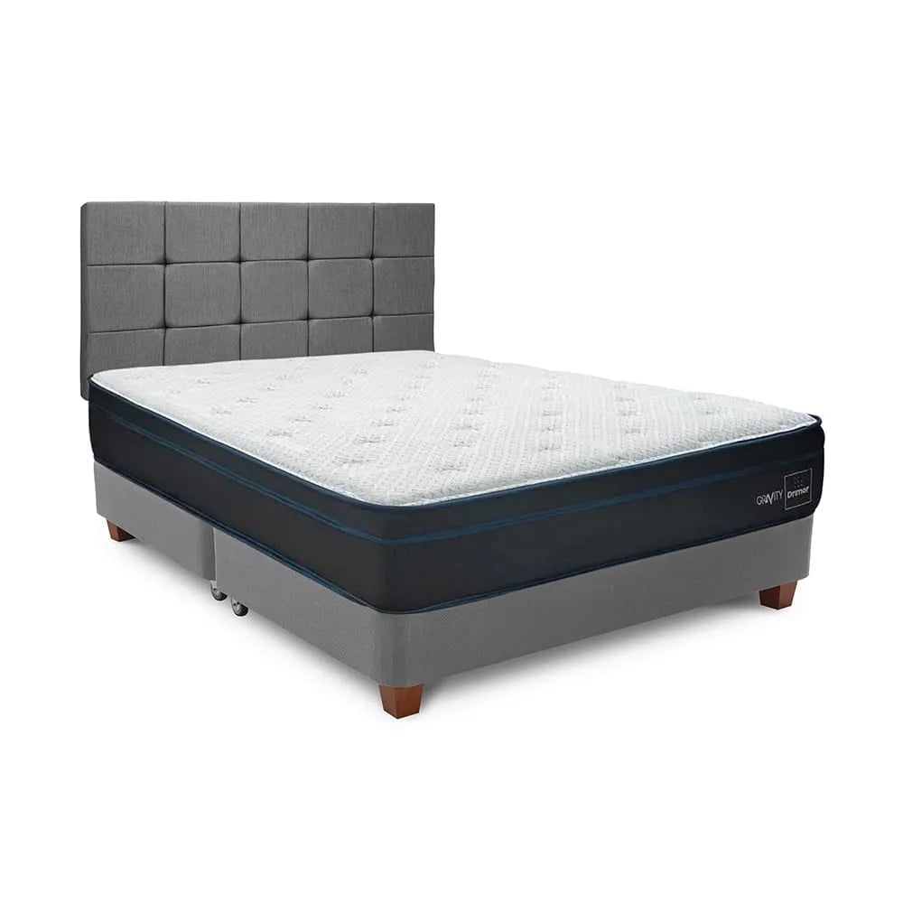 DORMITORIO AMERICANO DRIMER GRAVITY QUEEN + BOX TARIMA GRIS PLATA+ CABECERA - 1