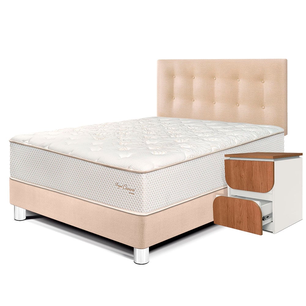 DORMITORIO PARAÍSO ROYAL CROWN 2 PLAZAS + VELADOR MOON CHAMPAGNE + 2 ALMOHADAS VISCOELÁSTICAS - 1