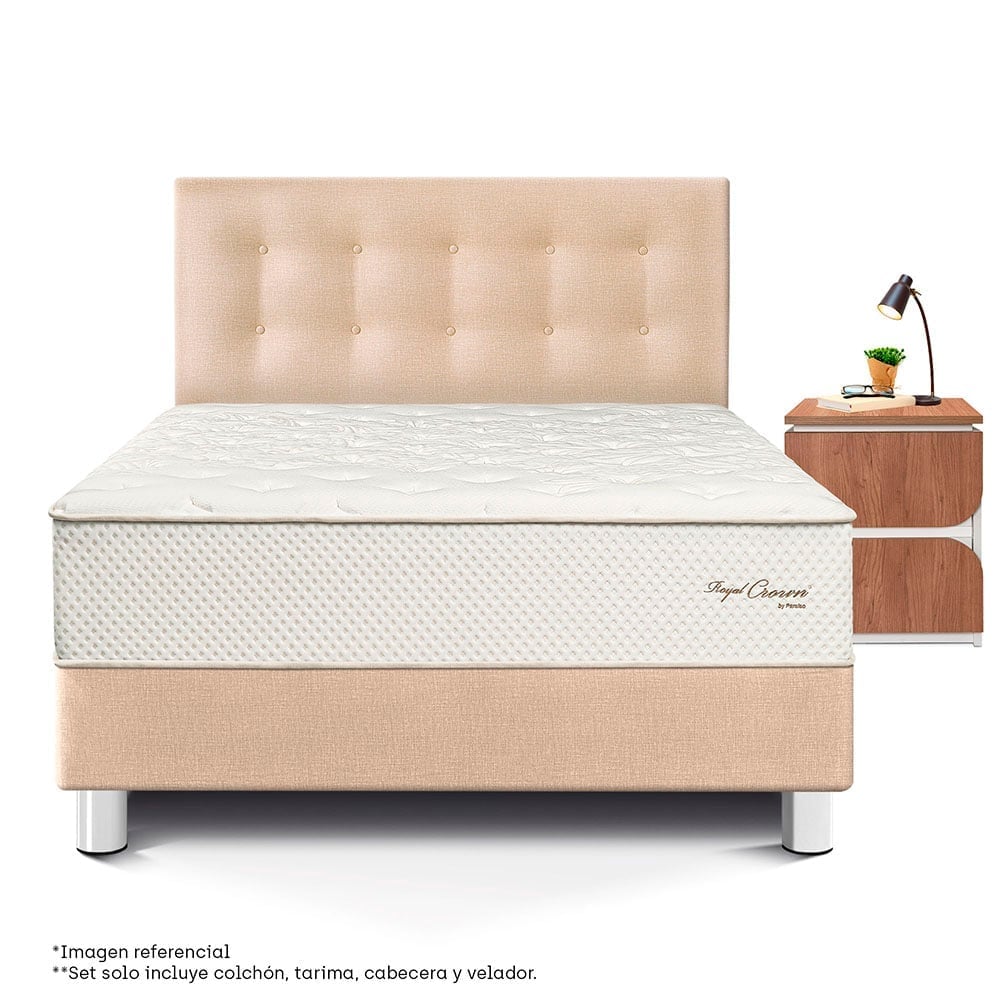 DORMITORIO PARAÍSO ROYAL CROWN 2 PLAZAS + VELADOR MOON CHAMPAGNE + 2 ALMOHADAS VISCOELÁSTICAS - 3