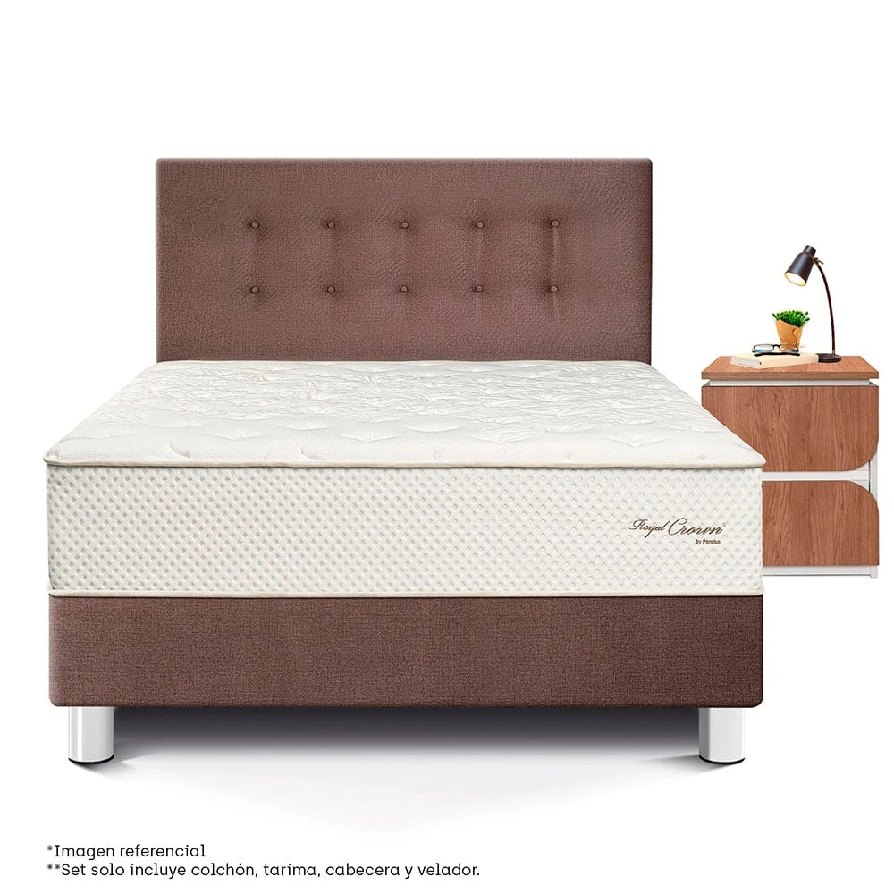 DORMITORIO PARAÍSO ROYAL CROWN 2 PLAZAS + VELADOR MOON CHOCOLATE + 2 ALMOHADAS VISCOELÁSTICAS - 3