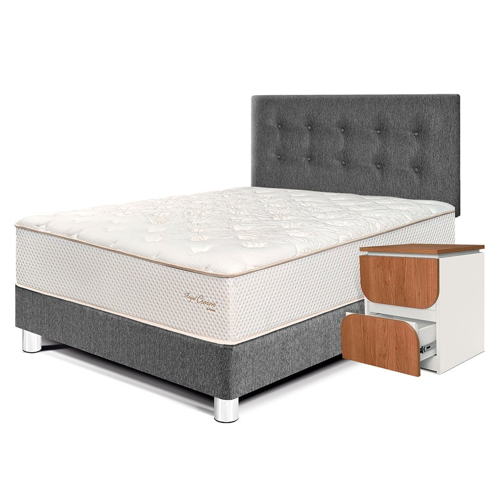 DORMITORIO PARAÍSO ROYAL CROWN 2 PLAZAS + VELADOR MOON GRIS + 2 ALMOHADAS VISCOELÁSTICAS - 1