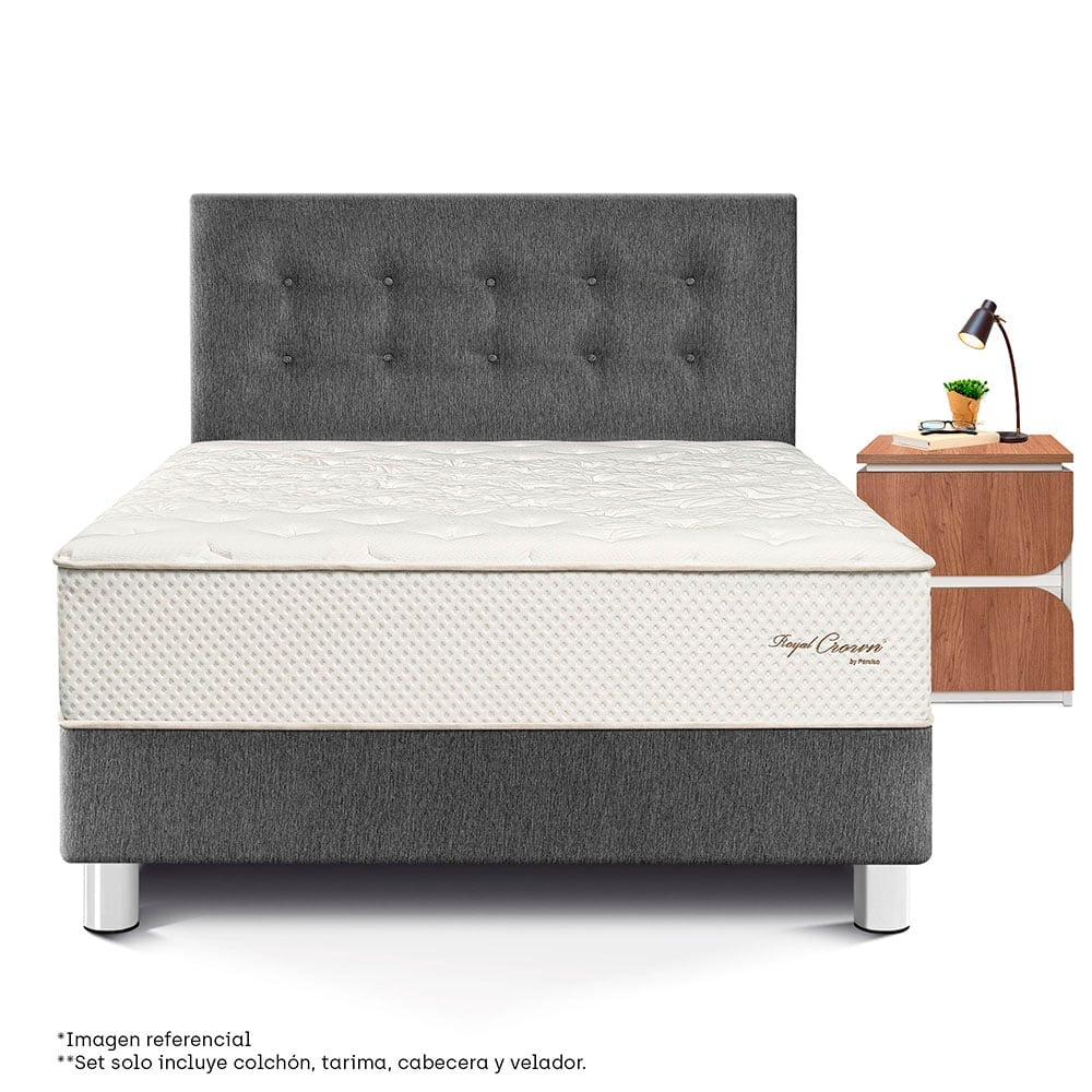 DORMITORIO PARAÍSO ROYAL CROWN 2 PLAZAS + VELADOR MOON GRIS + 2 ALMOHADAS VISCOELÁSTICAS - 3
