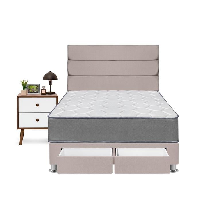 DORMITORIO AMERICANO FORLI POLARIS 2 PLAZAS CON CAJONES BEIGE + VELADORES - 1
