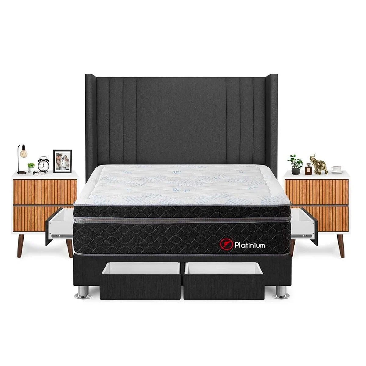 DORMITORIO FORLI PLATINIUM QUEEN CON CAJONES GRIS + VELADORES - 1