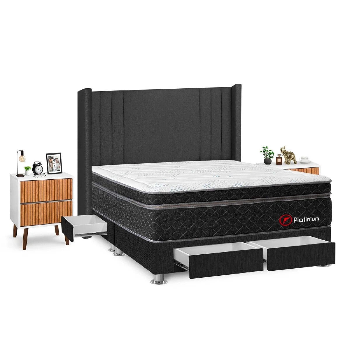 DORMITORIO FORLI PLATINIUM QUEEN CON CAJONES GRIS + VELADORES - 2