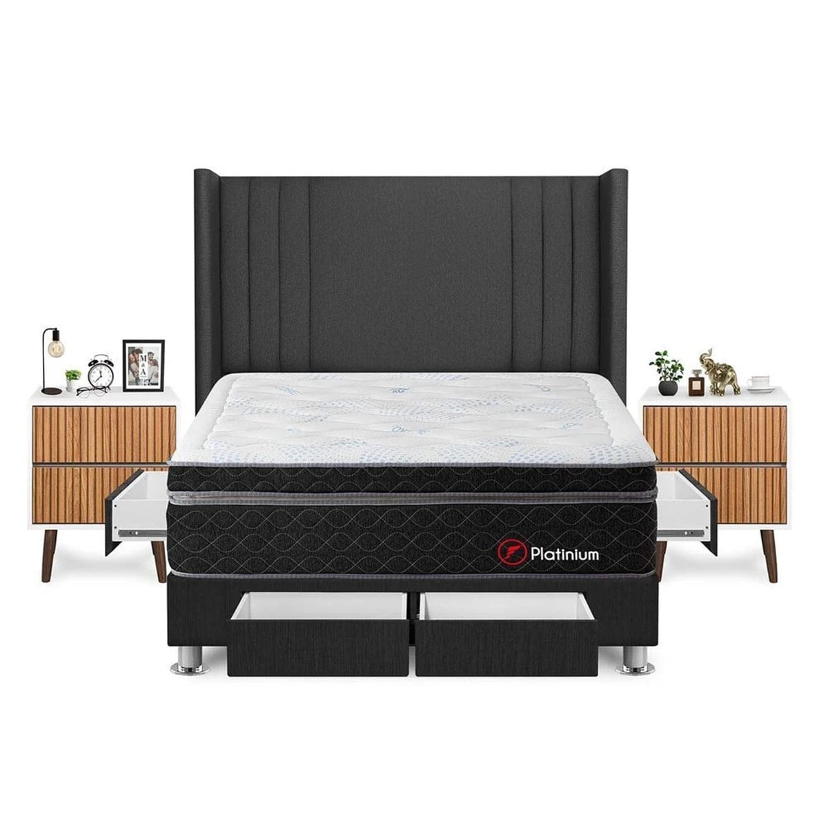 DORMITORIO FORLI PLATINIUM KING CON CAJONES GRIS + VELADORES - 1