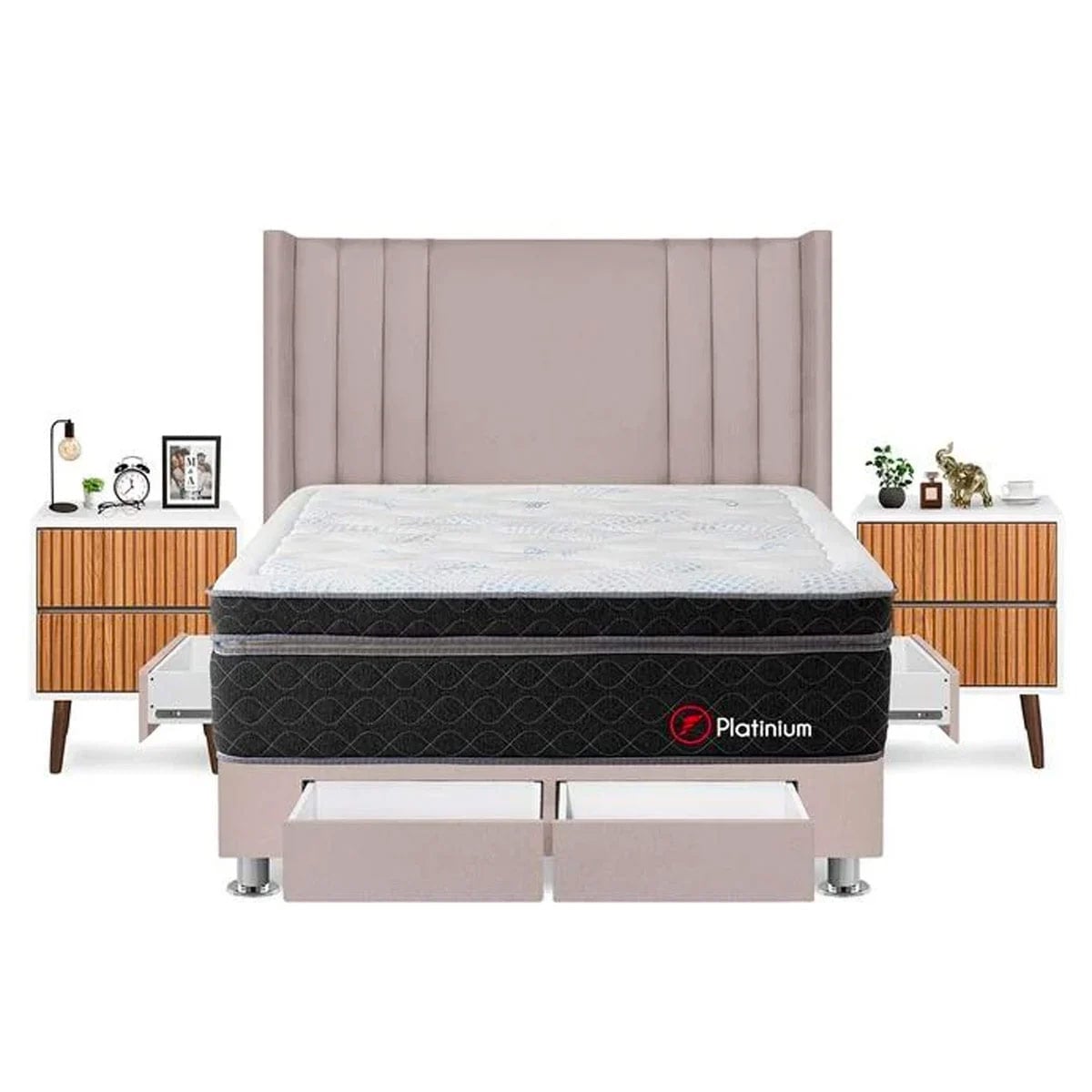 DORMITORIO FORLI PLATINIUM KING CON CAJONES BEIGE + VELADORES - 1
