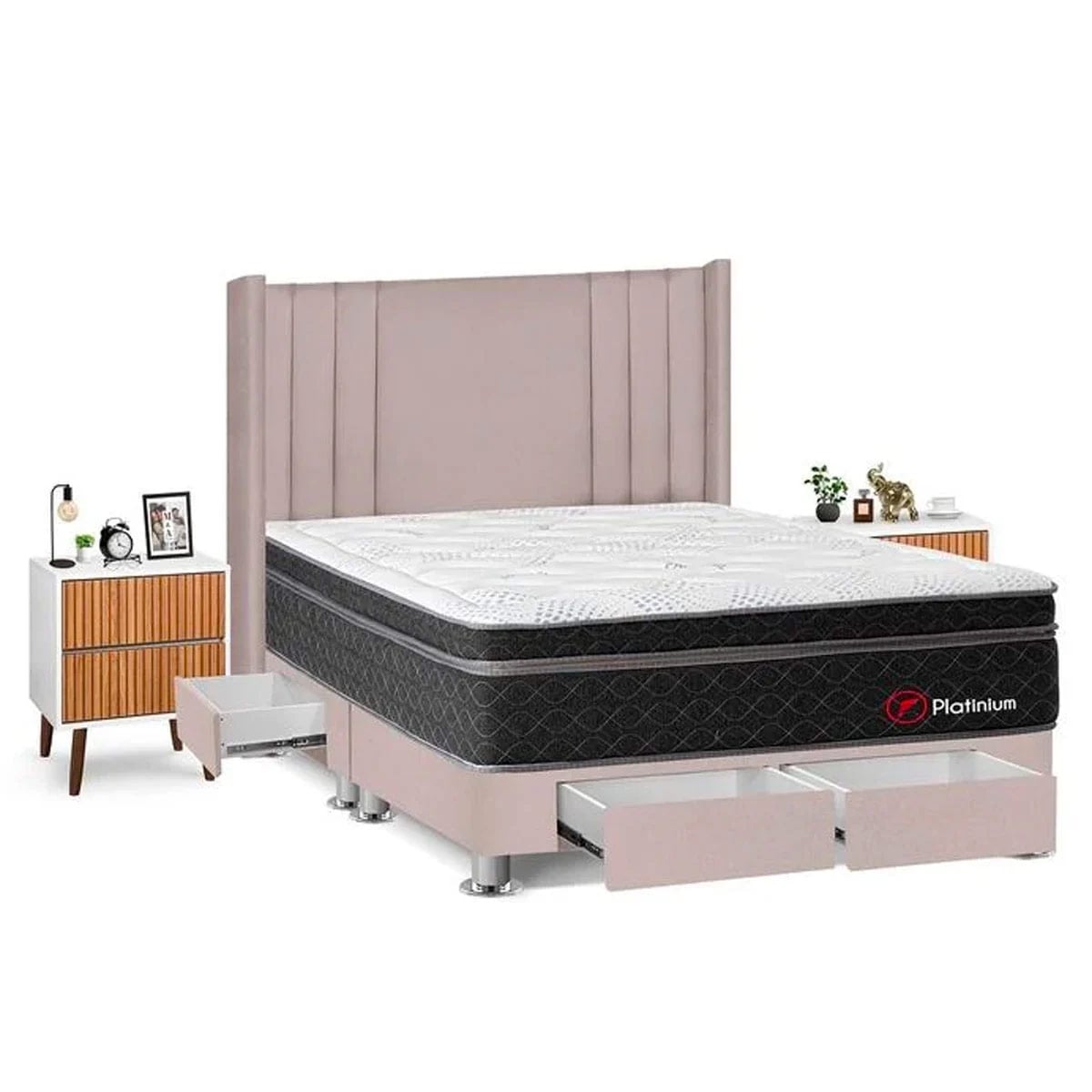 DORMITORIO FORLI PLATINIUM KING CON CAJONES BEIGE + VELADORES - 2