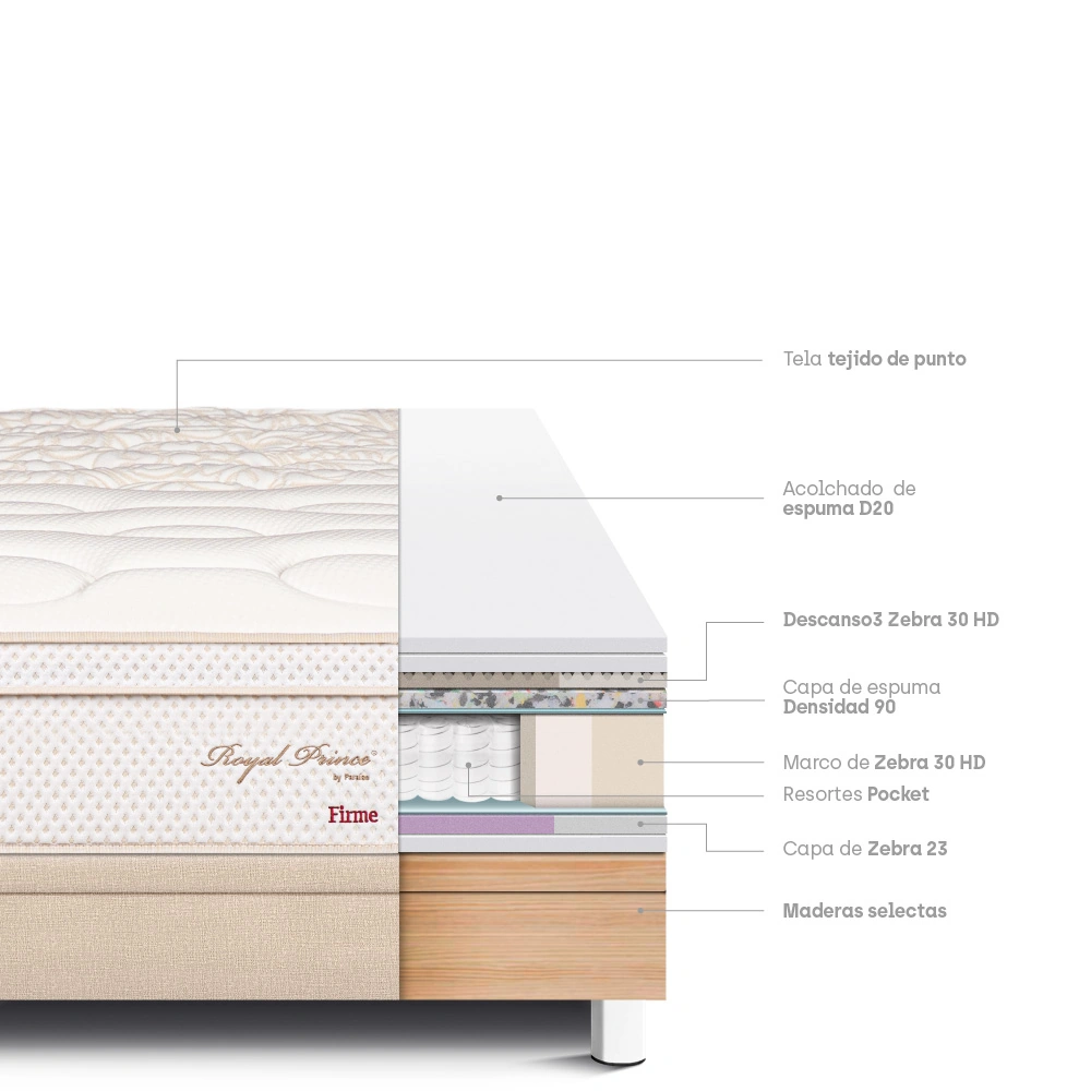 CAMA BOXET PARAISO ROYAL PRINCE QUEEN CHAMPAGNE + 2 ALMOHADAS VISCOELÁSTICAS - 5