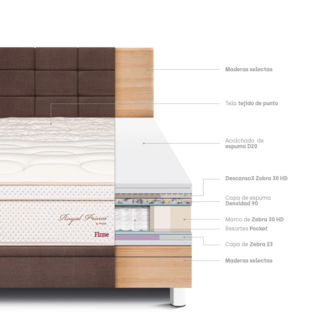DORMITORIO BOXET PARAISO ROYAL PRINCE FIRME QUEEN + 2 ALMOHADAS VISCOELÁSTICAS - 6