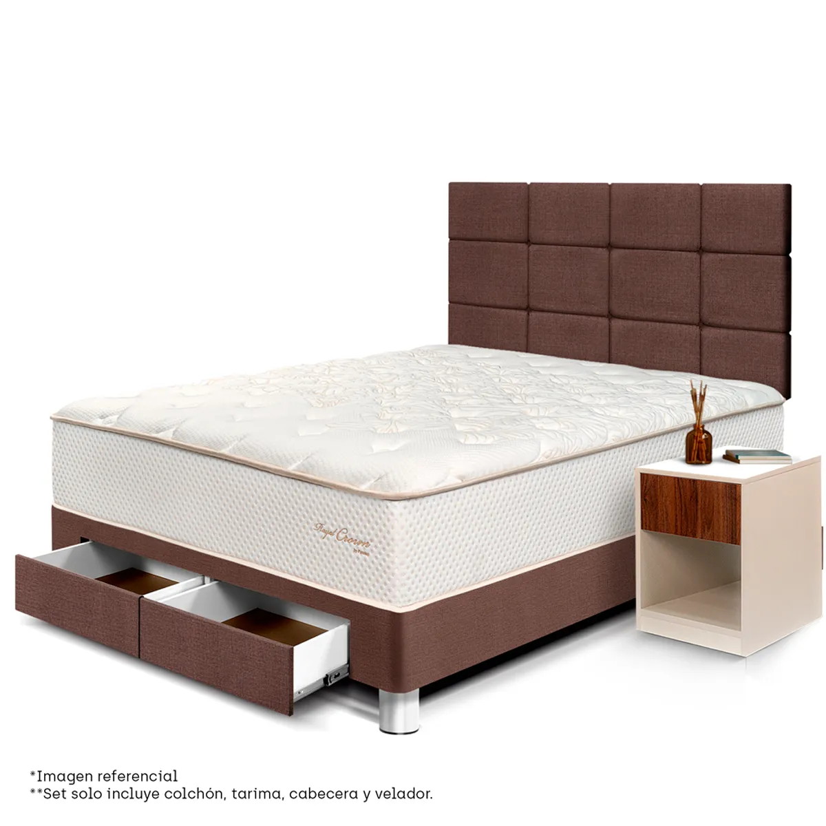 DORMITORIO CON CAJONES PARAÍSO ROYAL CROWN BLOCKS 2 PLAZAS + VELADOR CAJÓN CHOCOLATE + 2 ALMOHADAS VISCOELÁSTICAS - 1