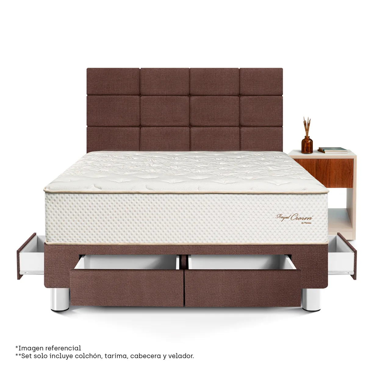 DORMITORIO CON CAJONES PARAÍSO ROYAL CROWN BLOCKS 2 PLAZAS + VELADOR CAJÓN CHOCOLATE + 2 ALMOHADAS VISCOELÁSTICAS - 2