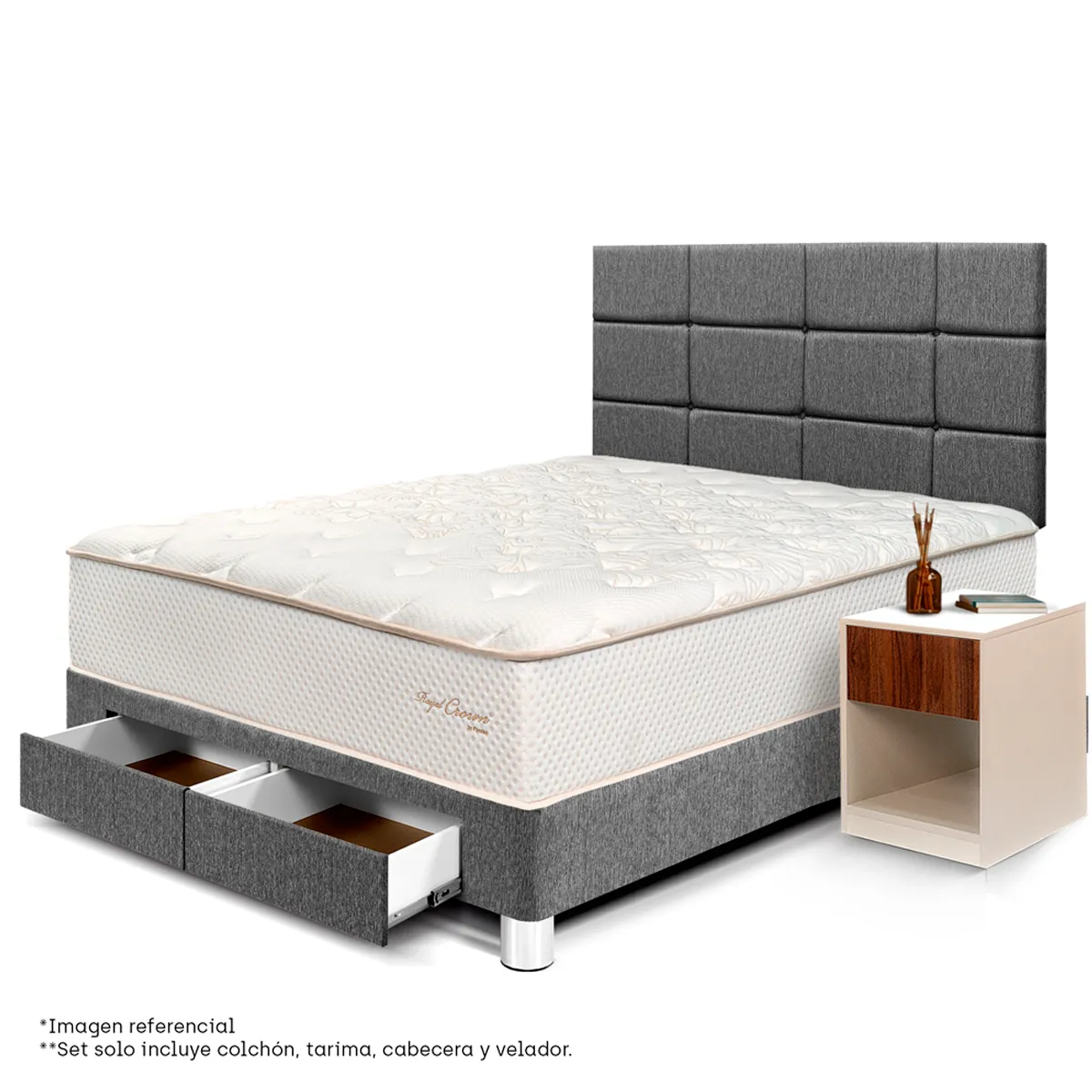 DORMITORIO CON CAJONES PARAÍSO ROYAL CROWN BLOCKS 2 PLAZAS + VELADOR CAJÓN GRIS + 2 ALMOHADAS VISCOELÁSTICAS - 1