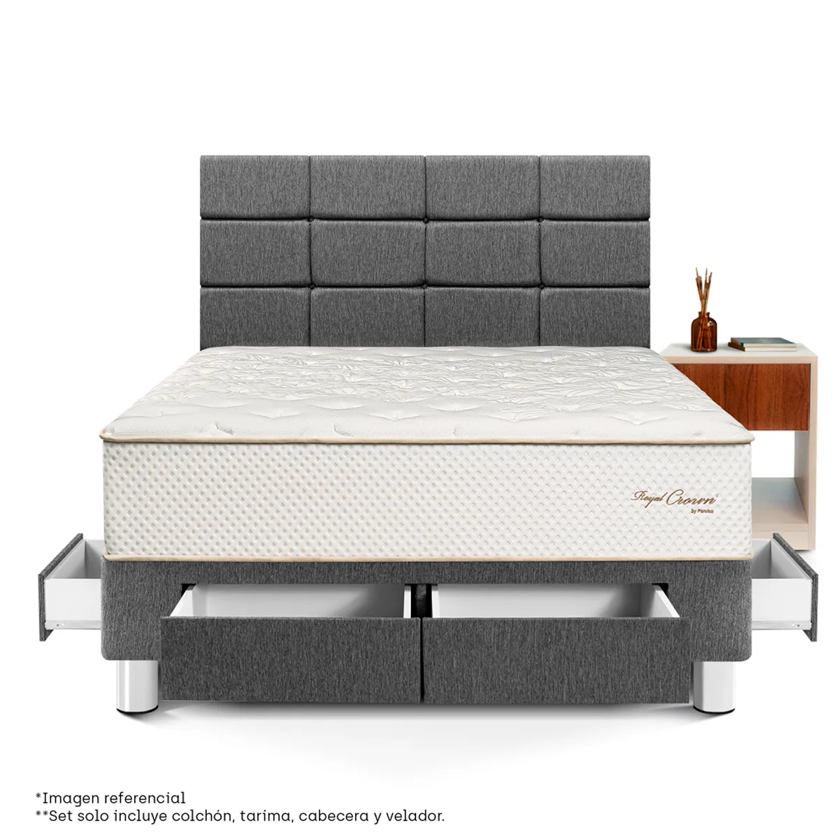 DORMITORIO CON CAJONES PARAÍSO ROYAL CROWN BLOCKS 2 PLAZAS + VELADOR CAJÓN GRIS + 2 ALMOHADAS VISCOELÁSTICAS - 2