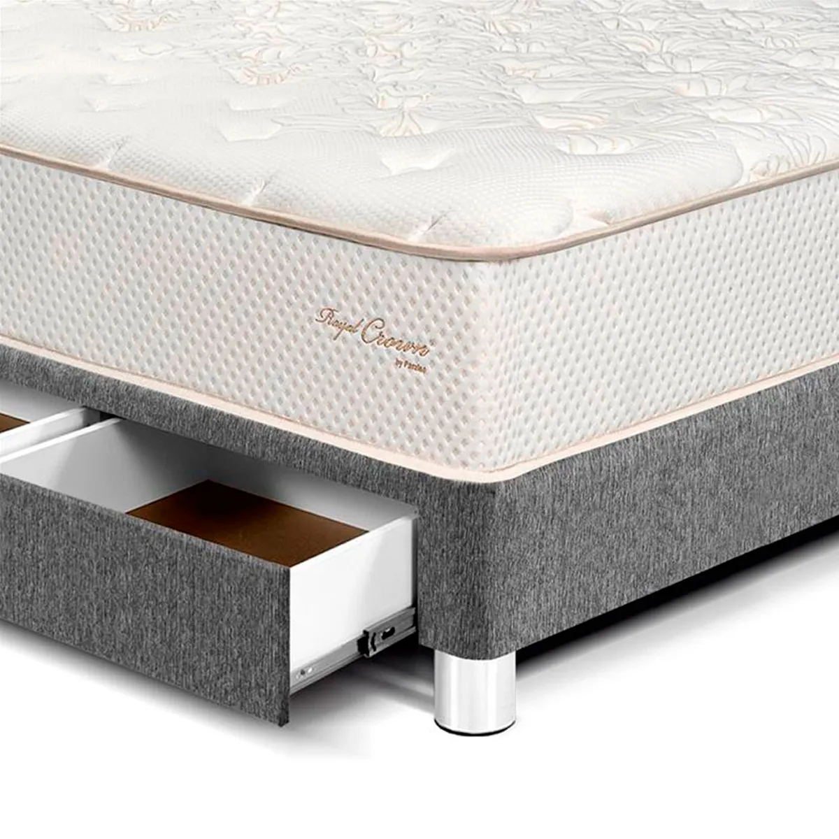 DORMITORIO CON CAJONES PARAÍSO ROYAL CROWN BLOCKS 2 PLAZAS + VELADOR CAJÓN GRIS + 2 ALMOHADAS VISCOELÁSTICAS - 3