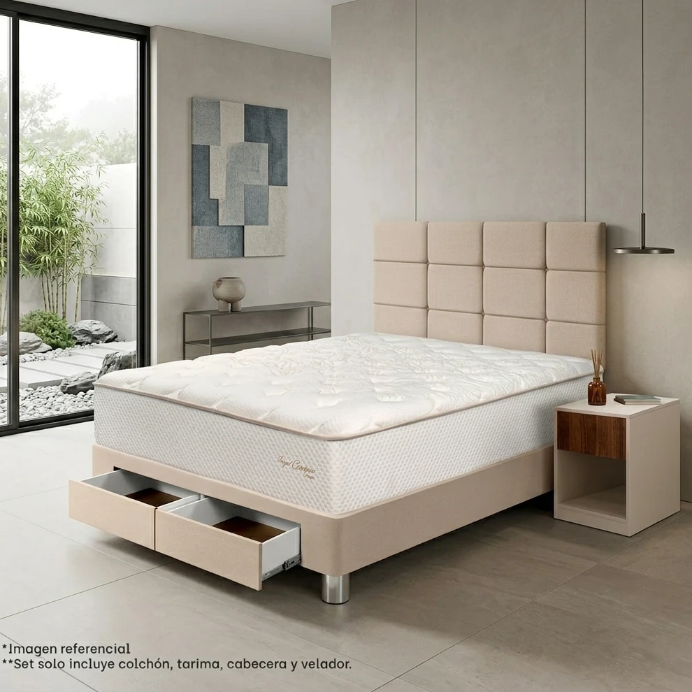 DORMITORIO CON CAJONES PARAÍSO ROYAL CROWN 2 PLAZAS + VELADOR + 2 ALMOHADAS VISCOELÁSTICAS - 1
