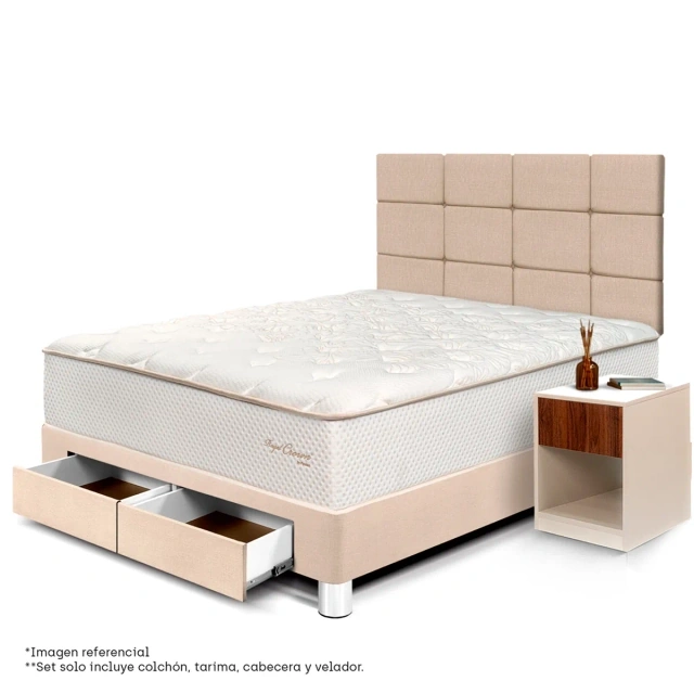DORMITORIO CON CAJONES PARAÍSO ROYAL CROWN 2 PLAZAS + VELADOR + 2 ALMOHADAS VISCOELÁSTICAS - 2