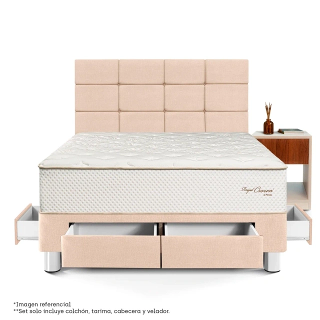 DORMITORIO CON CAJONES PARAÍSO ROYAL CROWN 2 PLAZAS + VELADOR + 2 ALMOHADAS VISCOELÁSTICAS - 3