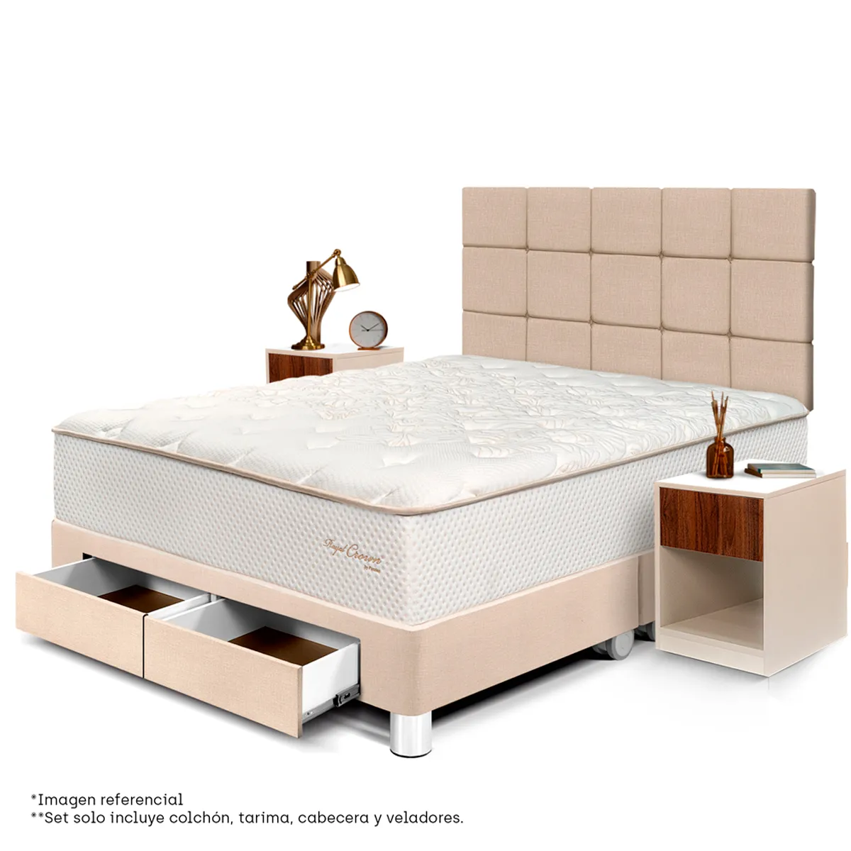 DORMITORIO CON CAJONES PARAÍSO ROYAL CROWN BLOCKS QUEEN + VELADOR CAJÓN CHAMPAGNE + 2 ALMOHADAS VISCOELÁSTICAS - 1