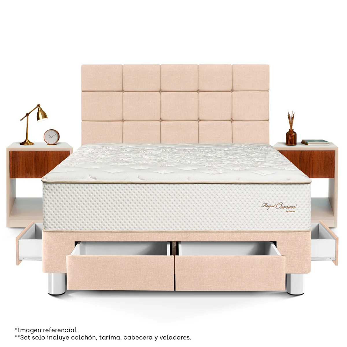 DORMITORIO CON CAJONES PARAÍSO ROYAL CROWN BLOCKS QUEEN + VELADOR CAJÓN CHAMPAGNE + 2 ALMOHADAS VISCOELÁSTICAS - 2