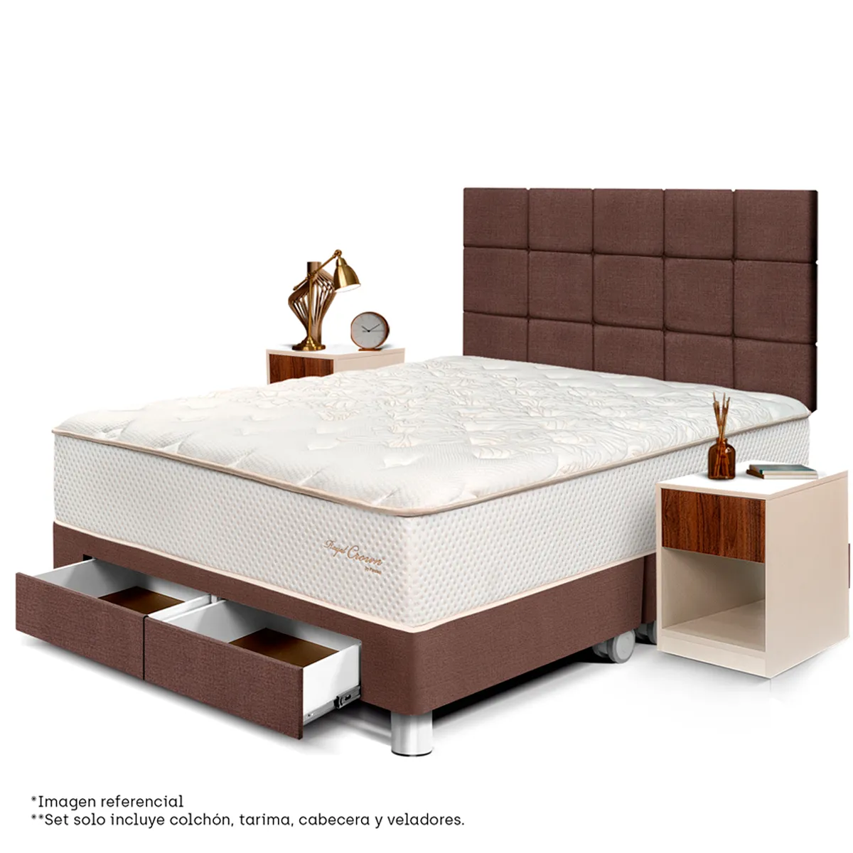 DORMITORIO CON CAJONES PARAÍSO ROYAL CROWN BLOCKS QUEEN + VELADOR CAJÓN CHOCOLATE + 2 ALMOHADAS VISCOELÁSTICAS - 1