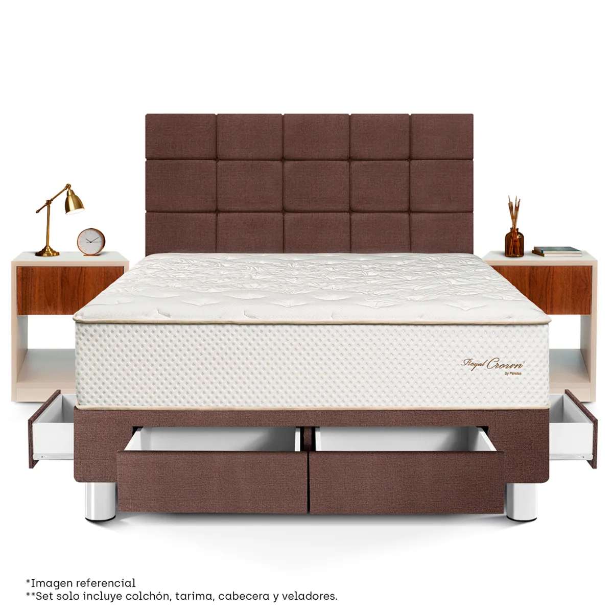 DORMITORIO CON CAJONES PARAÍSO ROYAL CROWN BLOCKS QUEEN + VELADOR CAJÓN CHOCOLATE + 2 ALMOHADAS VISCOELÁSTICAS - 2