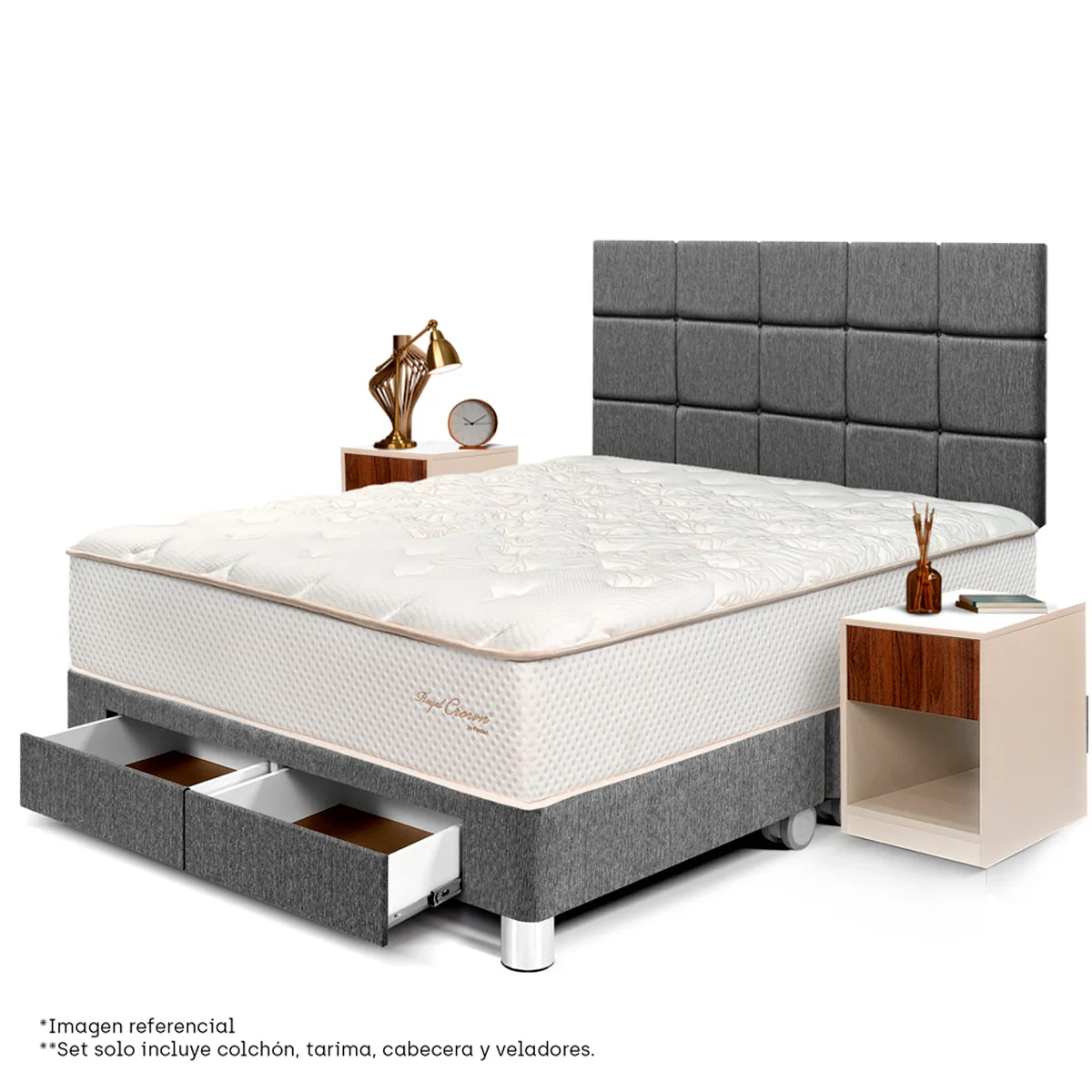 DORMITORIO CON CAJONES PARAÍSO ROYAL CROWN BLOCKS QUEEN + VELADOR CAJÓN GRIS + 2 ALMOHADAS VISCOELÁSTICAS - 1
