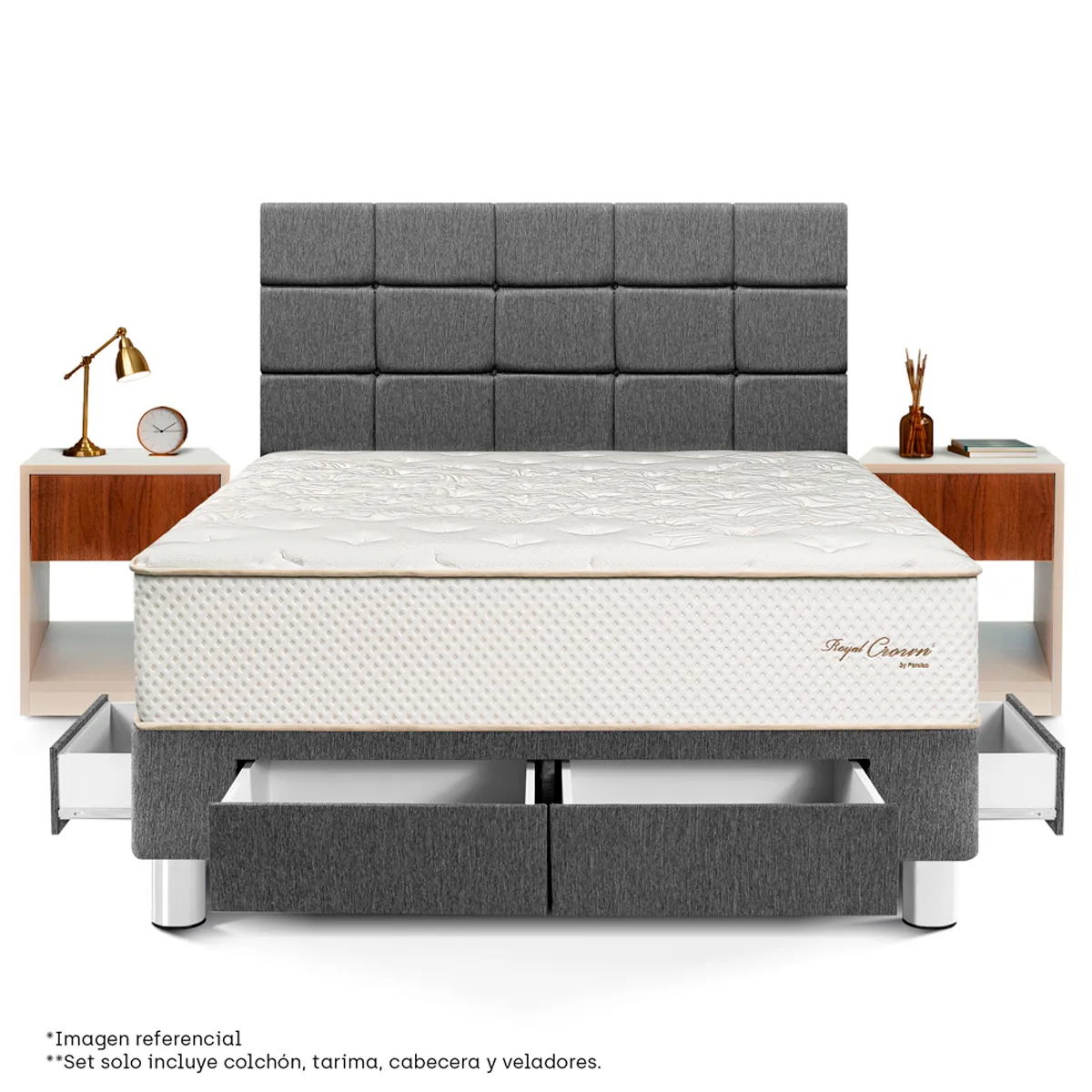 DORMITORIO CON CAJONES PARAÍSO ROYAL CROWN BLOCKS QUEEN + VELADOR CAJÓN GRIS + 2 ALMOHADAS VISCOELÁSTICAS - 2