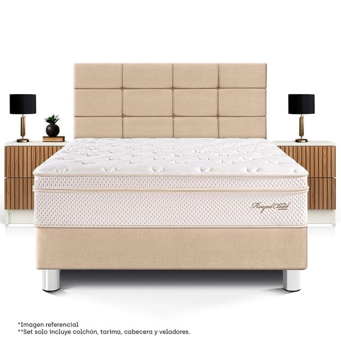 DORMITORIO PARAÍSO ROYAL CLOUD BLOCKS 2 PLAZAS + VELADOR BRISSE CHAMPAGNE + 2 ALMOHADAS VISCOELÁSTICAS - 3