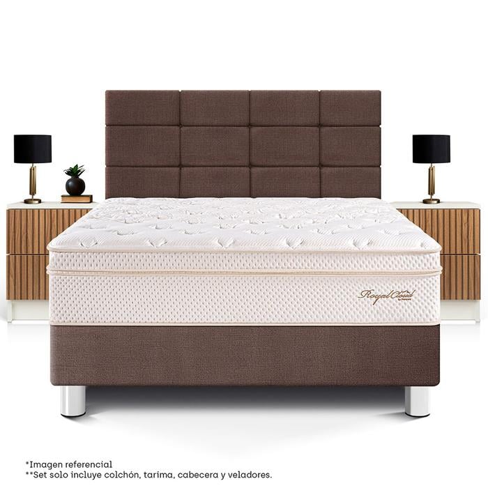 DORMITORIO PARAÍSO ROYAL CLOUD BLOCKS 2 PLAZAS + VELADOR BRISSE CHOCOLATE + 2 ALMOHADAS VISCOELÁSTICAS - 3