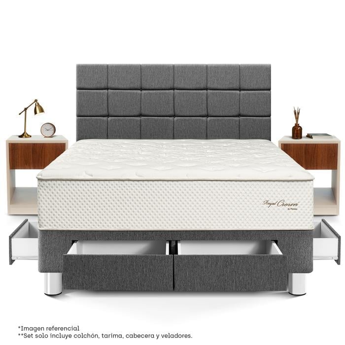 DORMITORIO CON CAJONES PARAÍSO ROYAL CROWN BLOCKS KING + VELADOR CON CAJÓN GRIS + 2 ALMOHADAS VISCOELÁSTICAS - 3