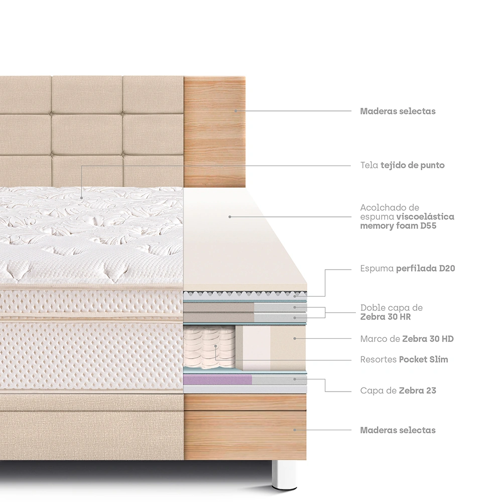 DORMITORIO BOXET PARAÍSO ROYAL CLOUD BLOCKS 2 PLAZAS CHAMPAGNE + 2 ALMOHADAS VISCOELÁSTICAS - 6