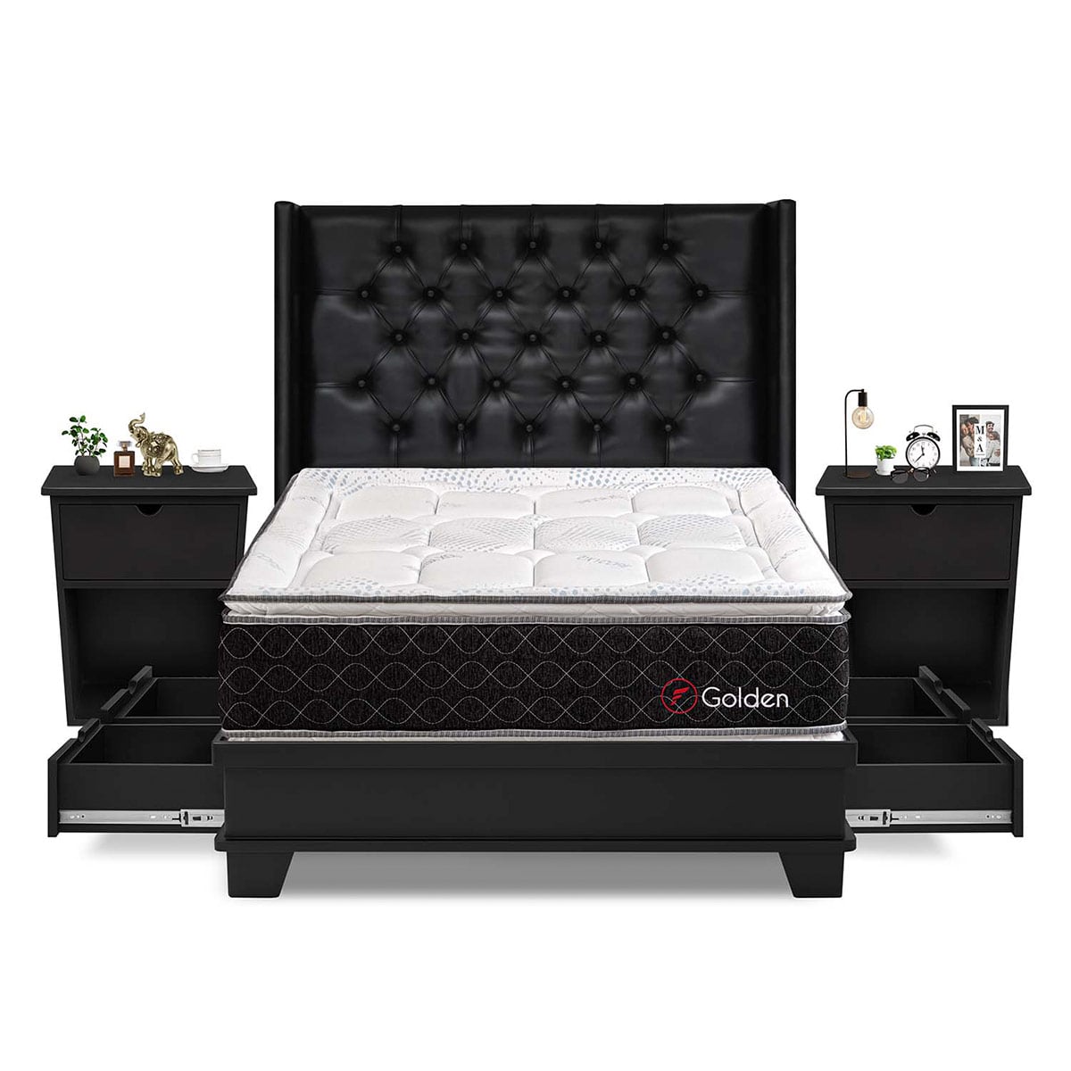DORMITORIO CON CAJONES + VELADORES FORLI GOLDEN 2 PLAZAS - 1