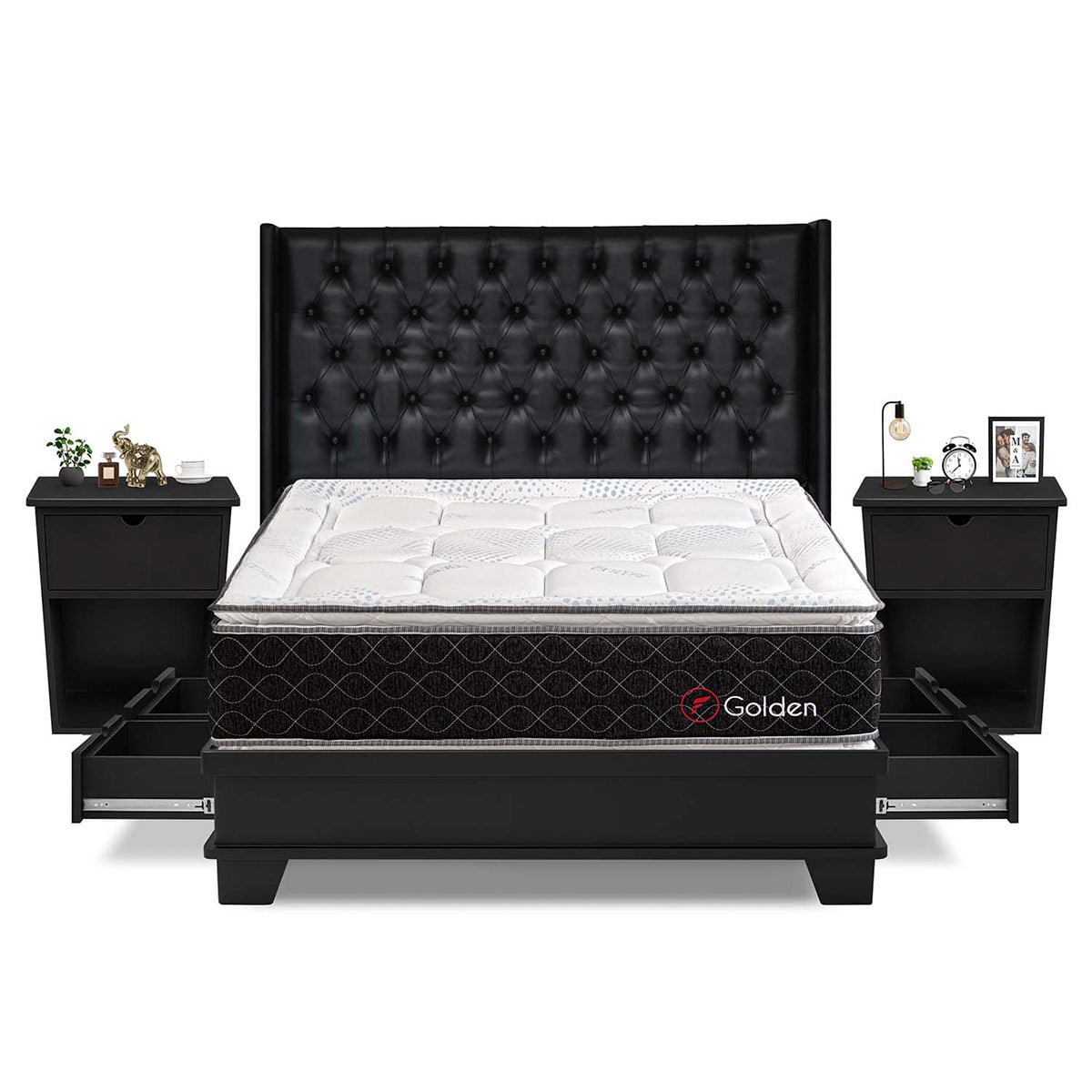 DORMITORIO CON CAJONES FORLI GOLDEN QUEEN + VELADORES - 1