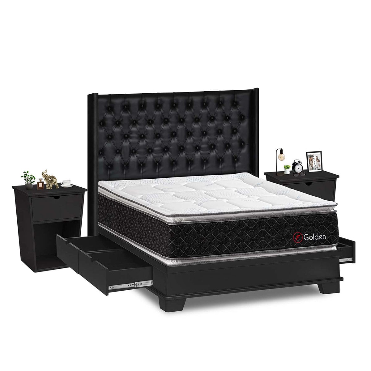 DORMITORIO CON CAJONES FORLI GOLDEN QUEEN + VELADORES - 2