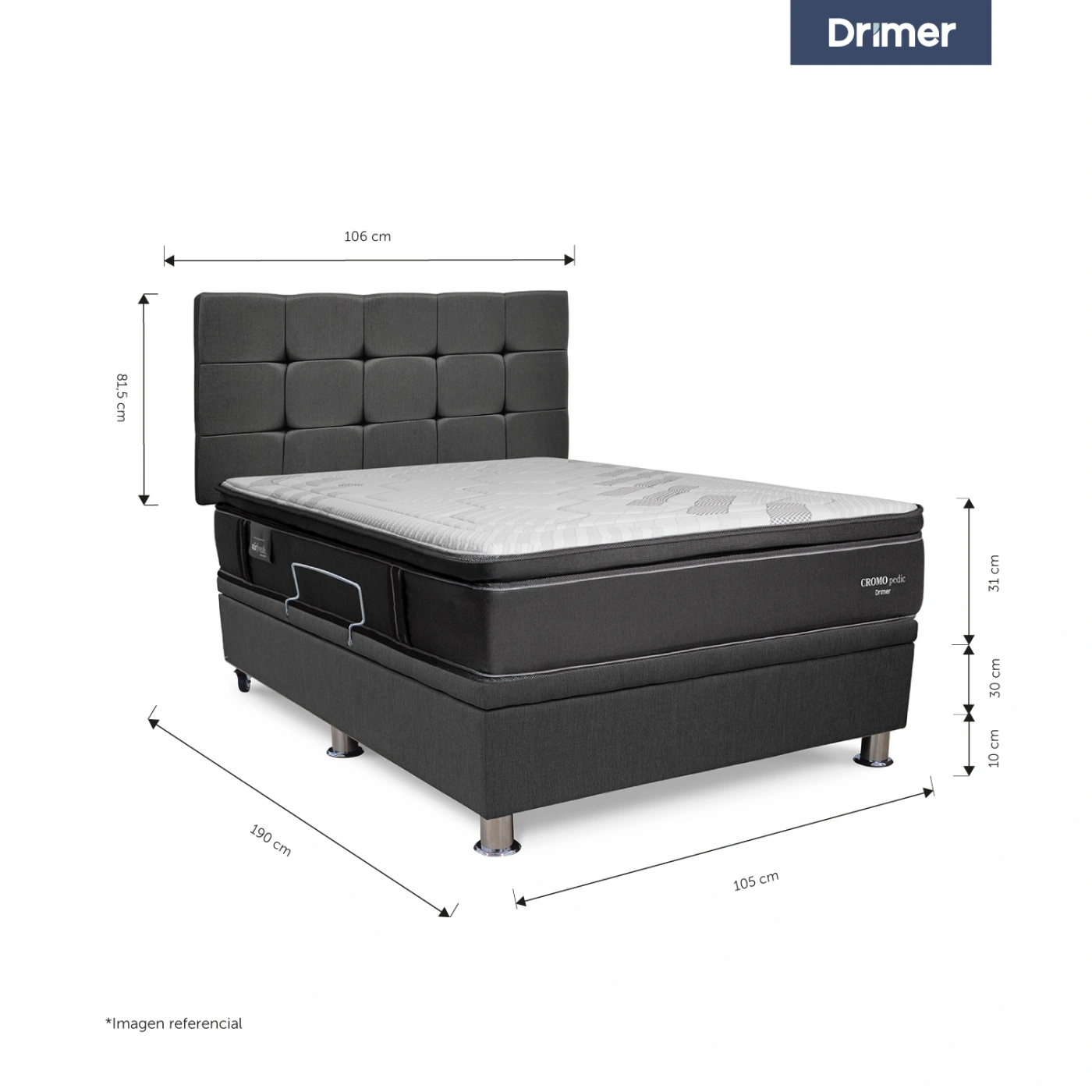 DORMITORIO BOXET DRIMER CROMOPEDIC 1.5 PLAZAS GRIS - 4