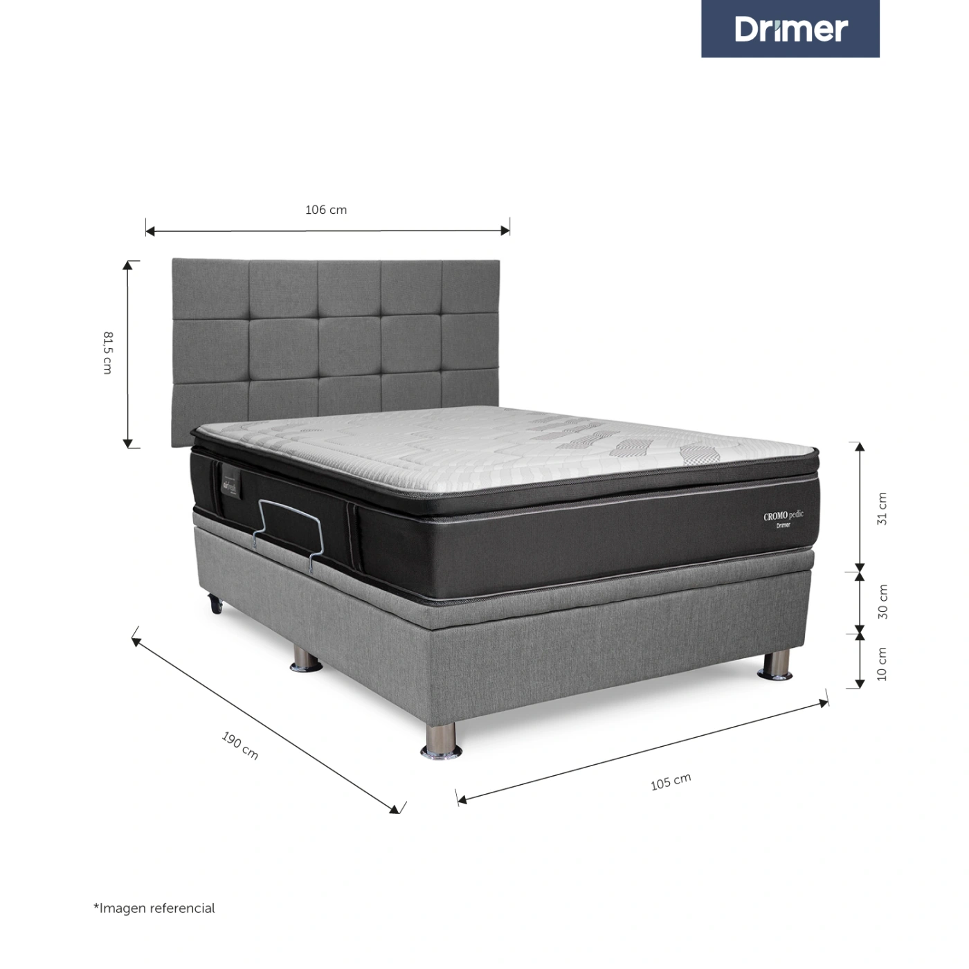 DORMITORIO BOXET DRIMER CROMOPEDIC 1.5 PLAZAS GRIS - 4