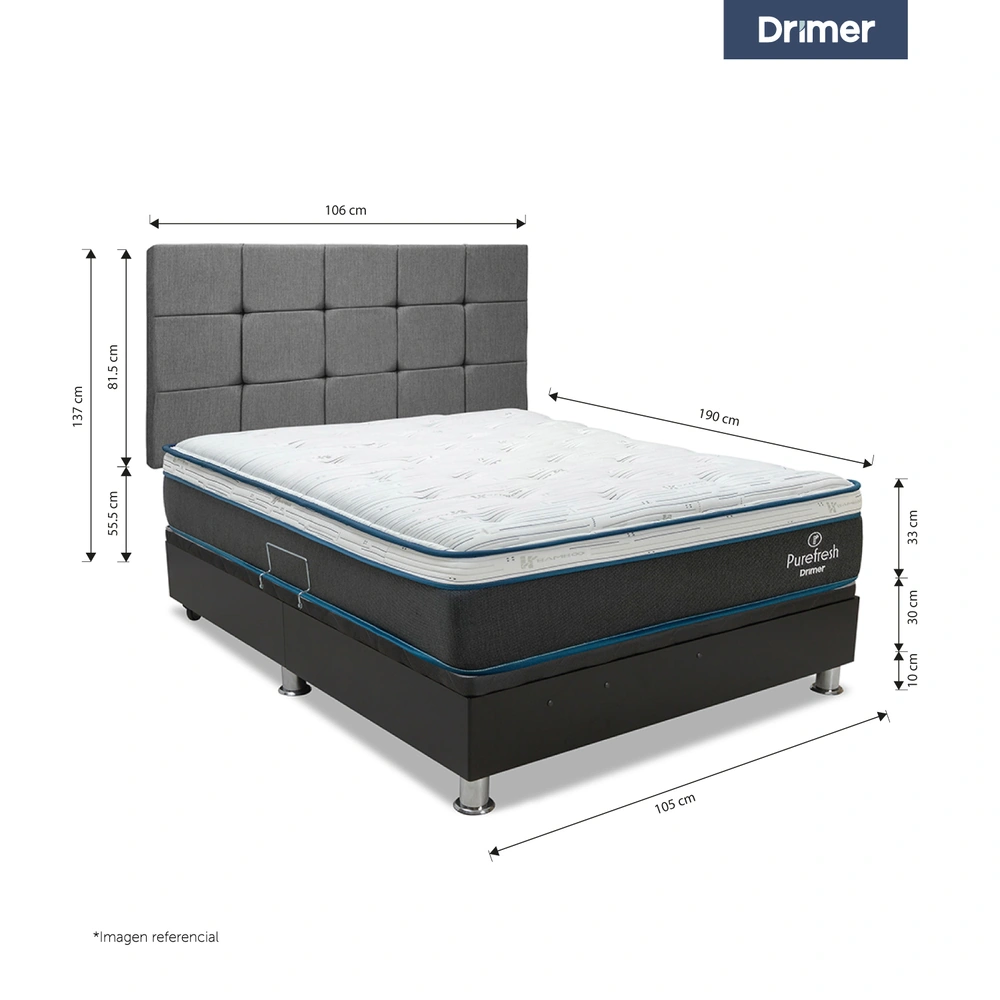 DORMITORIO BOXET DRIMER PUREFRESH LAQEUADA 1.5 PLAZAS CUADROS GRIS PLATA - 2