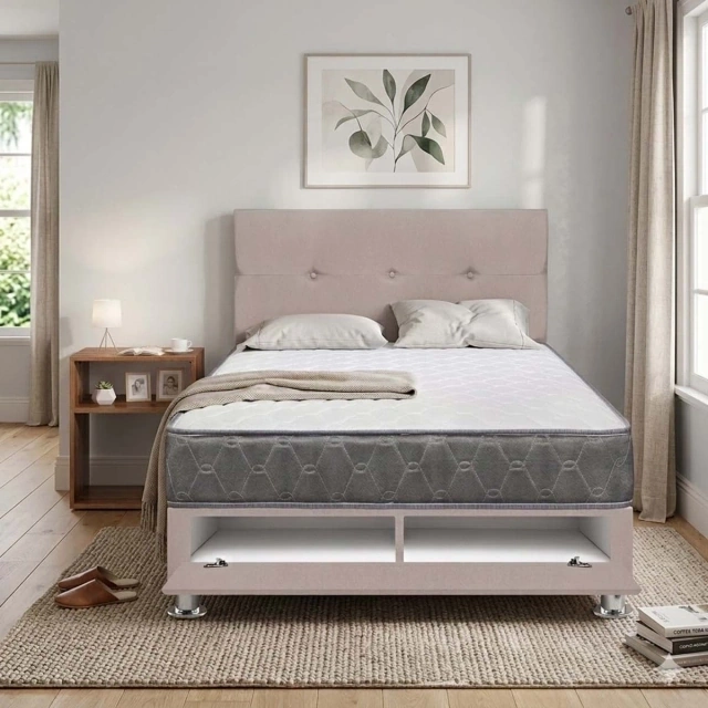DORMITORIO SABANERA FORLI ACQUA 2 PLAZAS BEIGE + VELADOR TURIN CARAMELO - 1
